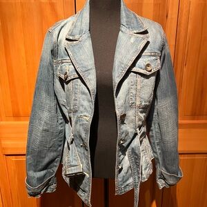 Level 99 Distressed Belted Denim Jean Jacket